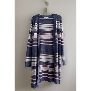 Liz Claiborne Blue & Pink Striped Ribbed Longline Cardigan Sweater Size M‎
